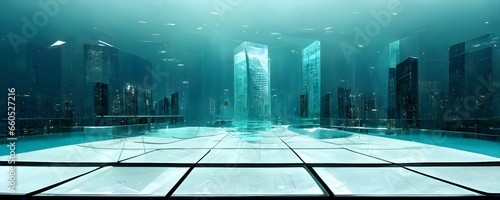 upside down large glass pool organic ethereal environment with crystal clear blue water on top of sharp skyscraper surreal futuristic space Doctor Strange style of architectural space bending onto 