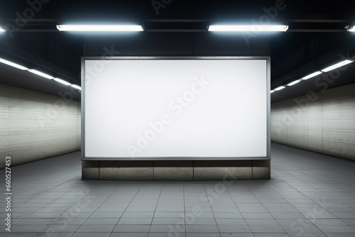 Blank white billboard, LED advertising display, in the subway, underground. Advertisement concept. Mockup banner for publicity and marketing.