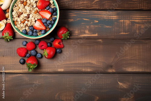 Granola cereal with fresh fruits such as slices of banana, blueberries, raspberries, strawberries and others on the top placed on a blue, dark wooden table, generative Ai.
