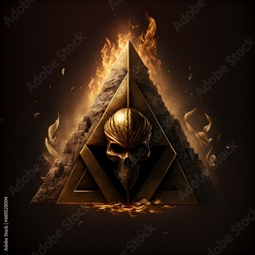 Crea un logo per The Golden Pyramid che combini una piramide dorata con un teschio dorato sulla cima circondato da fiamme dorate Il logo deve essere potente e minaccioso ma allo stesso tempo 