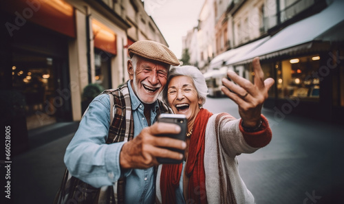 Happy Cheerful senior couple taking selfie on modern smartphone while standing on street. Concept of family, technology and elderly. Happy grandma and grandpa with modern technology