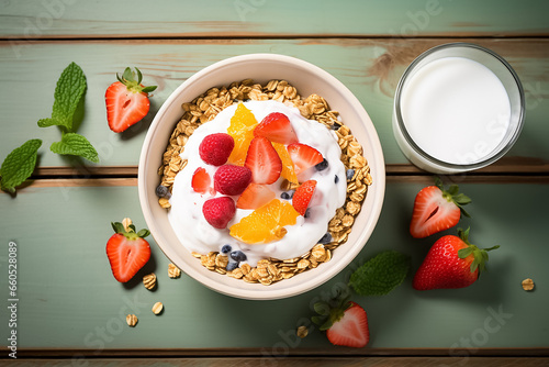 Granola cereal with fresh fruits such as slices of banana, blueberries, raspberries, strawberries and others on the top placed on a blue, dark wooden table, generative Ai.