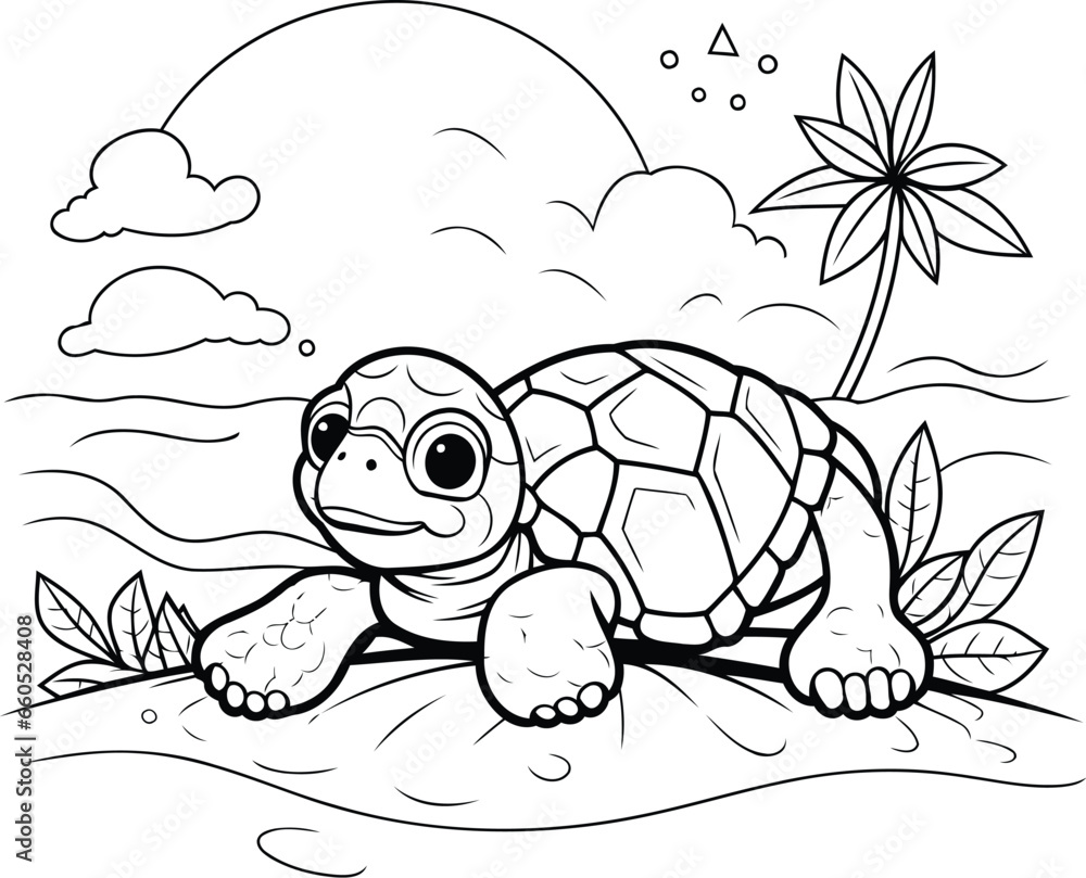 Coloring book for children. turtle on the beach. Vector illustration