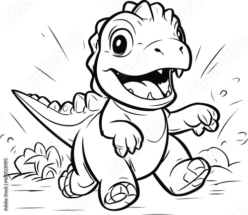 Vector illustration of Cartoon dinosaur running on white background. Line art style.