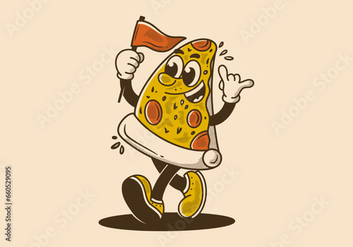 Mascot character illustration of walking pizza, holding a flag
