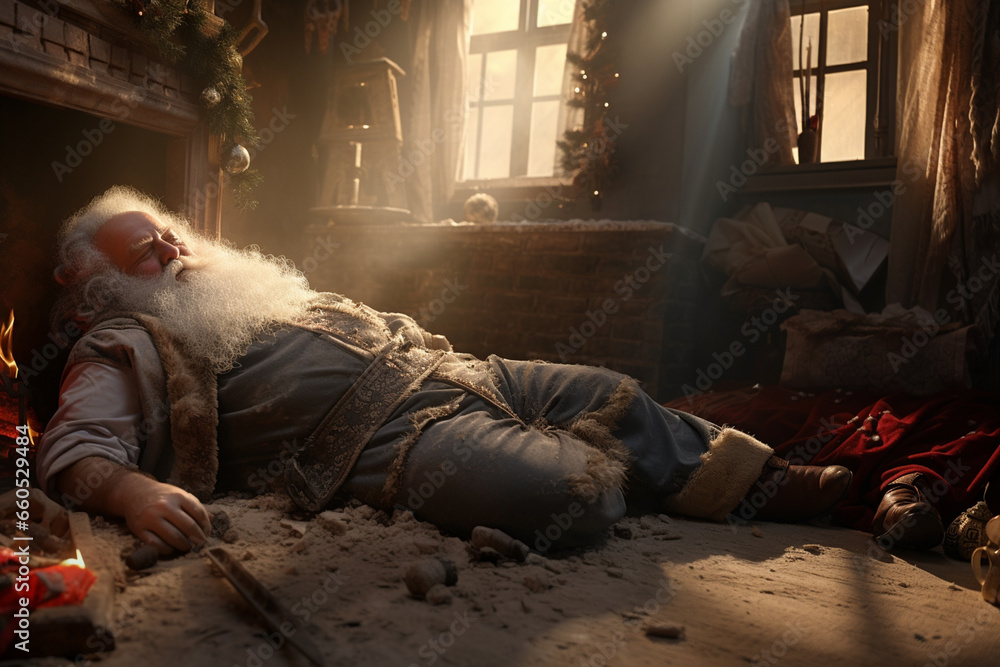 Old tired chubby Santa Claus sleep and relax in dirty room beside window and light beam, which decorated by christmas ornament during christmas time and blur outside of collapse city by war.
