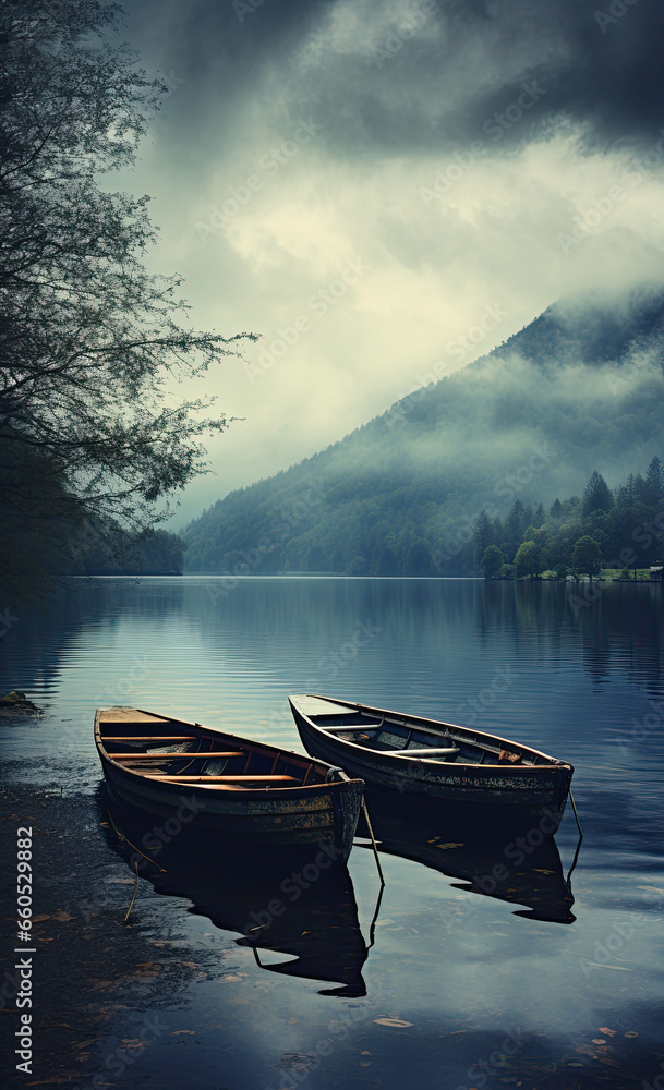 calm landscape, empty wooden boat on a foggy lake