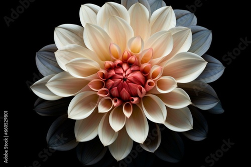 An image of a flower with black, brown, pink, white, and beige colors in its center, against a black background. Generative AI