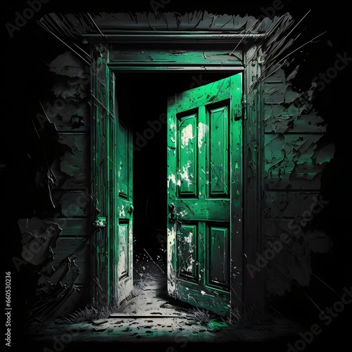 large massive old wooden open door blackgreen hues bottomup view white light from the door black background comic style  photo