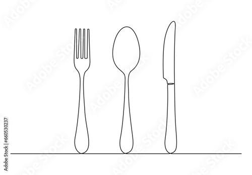 Utensils set in continuous one line drawing style. Spoon, fork, steak knife one line art decorative. Vector illustration. Premium vector.
