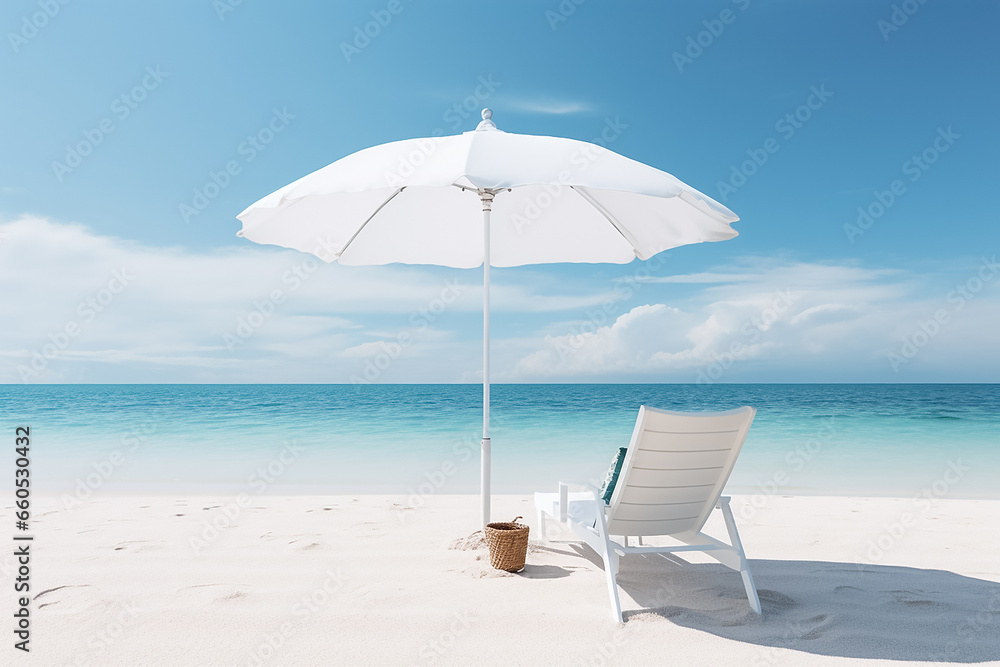 The picture of a white beach umbrella and comfort outdoor lay chair placed on soft white sand at the beach  under blue sky and sun shines, Generative AI.