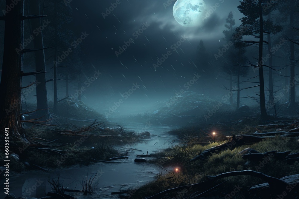 Moonlit forest in foggy ambiance, rendered in 3D. Generative AI
