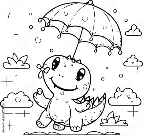 Coloring Page Outline Of cartoon dinosaur with umbrella. Vector illustration. © Waqar