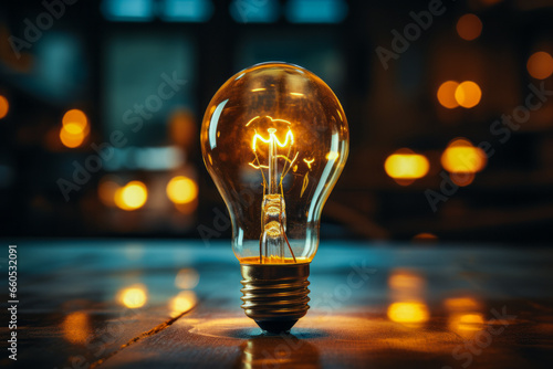 Inspirational light bulb glowing in a dark room, embodying innovation and creativity.