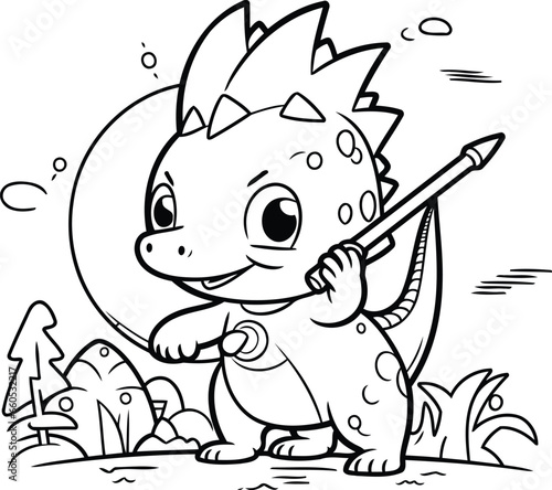 Black and White Cartoon Illustration of Cute Dinosaur Fantasy Character Coloring Book