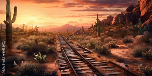 Rusty Railroad Track on Western Desert. Abandoned Train Track