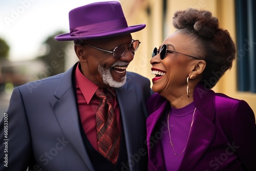 An elderly Afro couple poses smiling for the camera in colorful attire