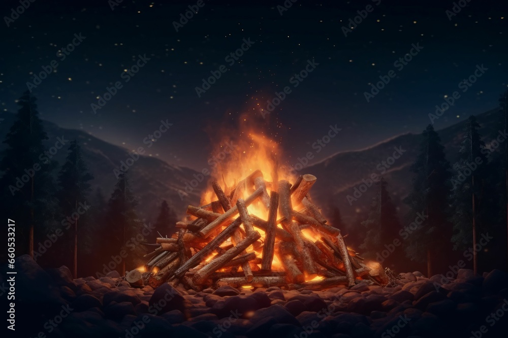 Big Bonfire with Flame in The Forest At Night. Burning Wood Pile