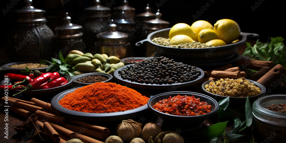 Wide banner photo of red green and orange curry powder bowls and bottles on a table 