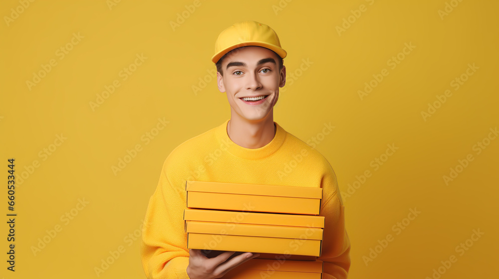 pizza delivery man isolated on yellow background pizza delivery man isolated on yellow background