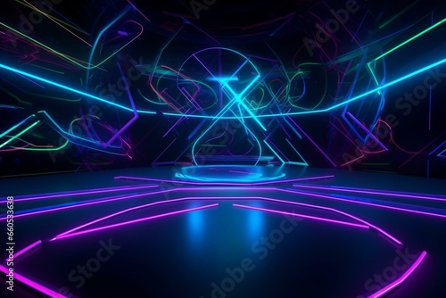 Digital background with vibrant blue and purple neon lights illuminating a dark studio. Generative AI