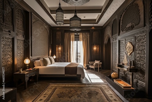 Stylish Arabian-inspired hotel room with lavish decor and intricate details. Generative AI