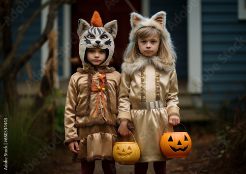 Young siblings dressed in Halloween costumes