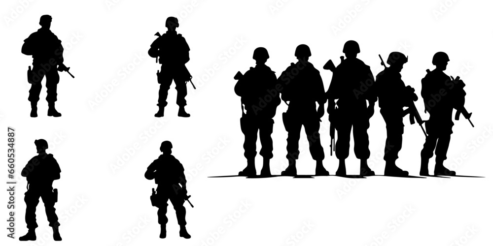 Army Silhouettes in a Vector Set Collection for War Veterans Soldiers - Vector, Transparent Background, PNG - obrazy, fototapety, plakaty 