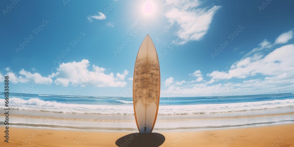 Surfboard on the Beach with Blue Sky View