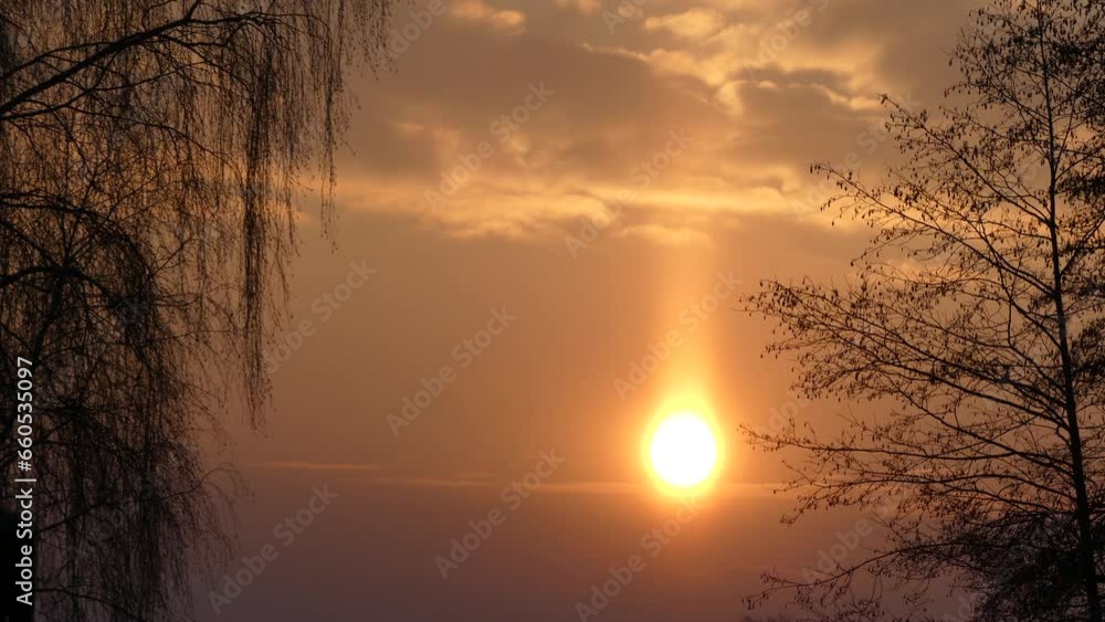 Black branches of trees and orange sky, slowly moving clouds and sun with light pillar. Atmospheric optical phenomenon during sunset on frosty winter evening - real time. Topics: dusk, sun energy Black branches of trees and orange sky, slowly moving clouds and sun with light pillar. Atmospheric optical phenomenon during sunset on frosty winter evening - real time. Topics: dusk, sun energy