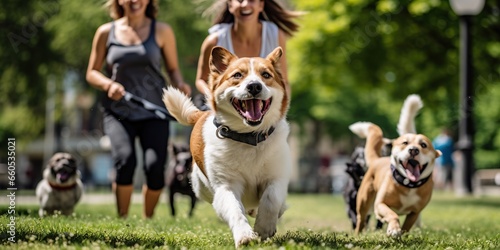 Lively capture of diverse pets and owners interacting and enjoying their time at a city dog park, concept of Vibrant connection