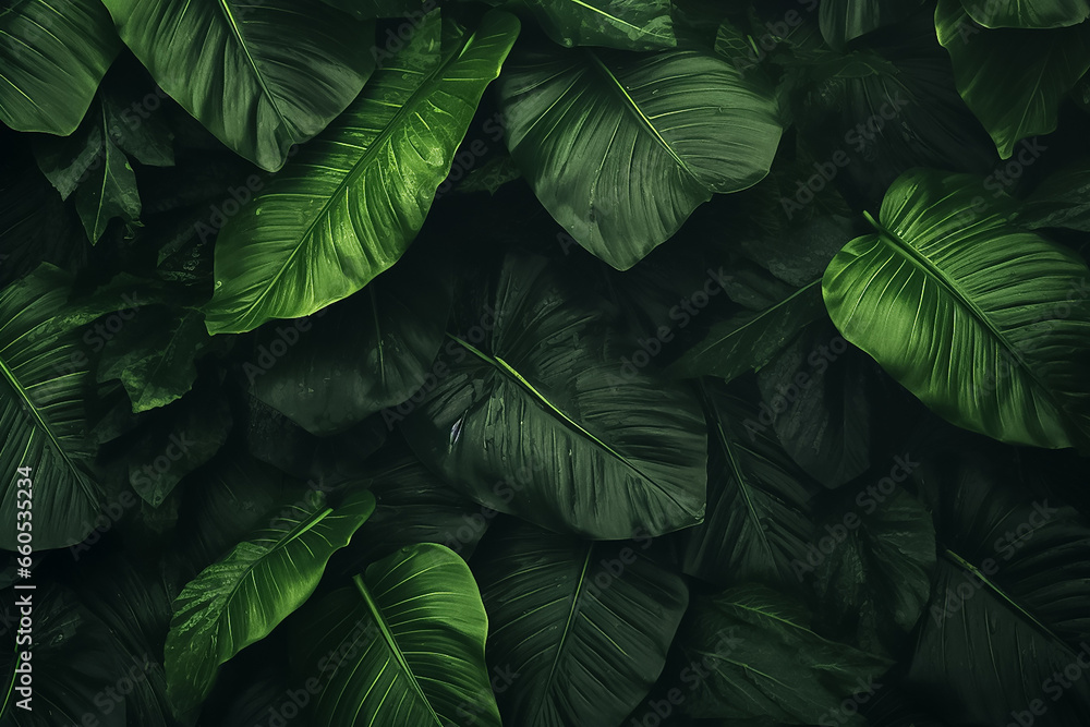 Background of moist dark green plants leaves in many shades under sunshine, Generative AI. - obrazy, fototapety, plakaty 
