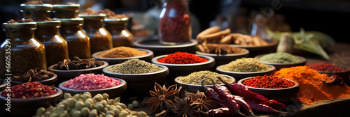 Spices banner with different curry powders in lids and bottles lay in order on a wooden table 