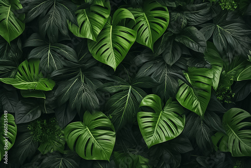 Background of moist dark green plants leaves in many shades under sunshine, Generative AI.