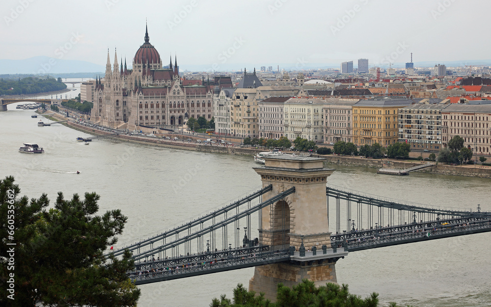Budapest capital of Hungary with Danube River and the famous Chain Bridge and  National Parliament