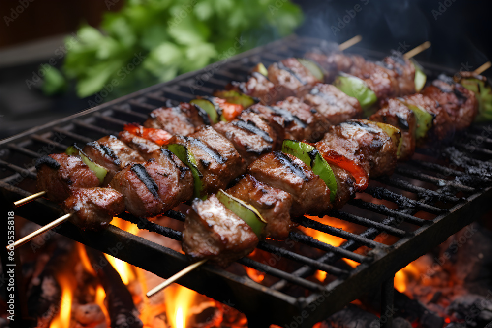 Shish kebabs sizzle on the grill, promising a mouthwatering feast. Outdoor cooking at its finest.