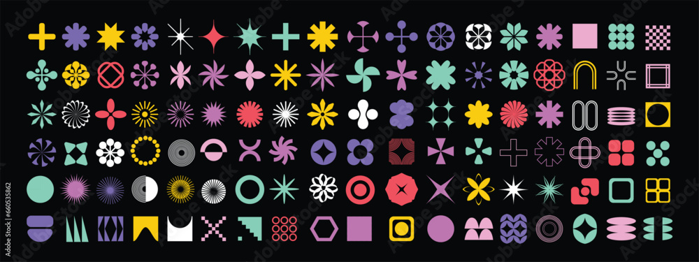 Geometric abstract flower shape set, star figure vector icon kit, funky retro brutal minimal art. Simple Memphis y2k elements collection, floral grid flat bauhaus template. Abstract flower forms - obrazy, fototapety, plakaty 
