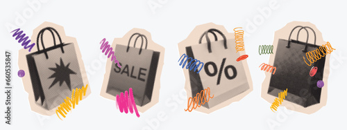 Shopping bag half tone paper collage, vector flying shopper gift concept, discount reward design. Present pack halftone effect poster, creative retro cardboard purchase sale clipart. Shopping bag set