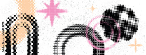 Half tone funky background, vector gradient raster dot effect poster, abstract futuristic forms. Geometric modern creative halftone banner, trendy retro brutalist shapes. Half tone spot ink texture