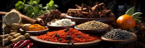 Spices banner with different curry powders in lids and bottles 