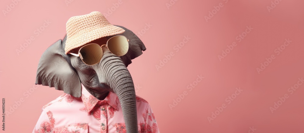 Banner with funny elephant with glasses and hat on pink background with copy space.
