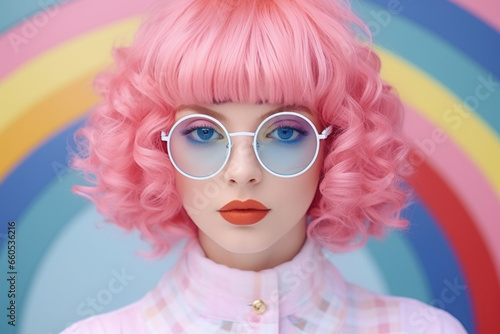 Portrait of a cute curly haired young girl wearing round glasses with pink hair against a tunnel rainbow background. 90s style.