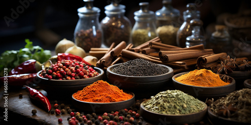 Wide banner image, colorful and delicious spices in dishes and bowls with bottles and  traditional Sri Lankan grinding tools on a table    