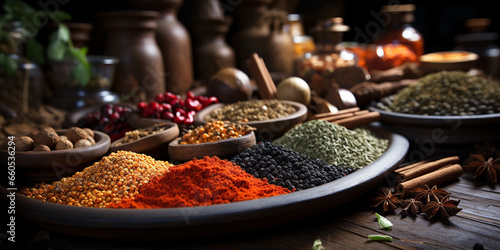 Wide banner image, colorful and delicious spices in dishes and bowls with bottles and traditional Asian grinding tools on a table 