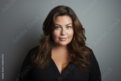 Portrait of an oversized brown-haired woman in black clothing looking into the camera against a gray wall.