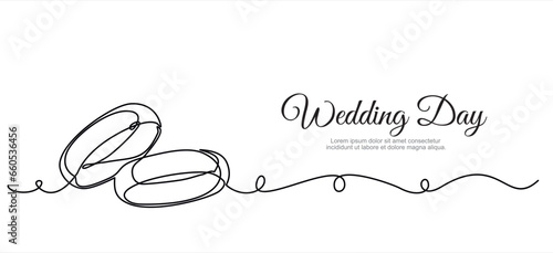 Wedding day. Wedding rings vector one continuous  line art. Illustration with quote template. Can used for logo, banner, booklet, flyer, brochure