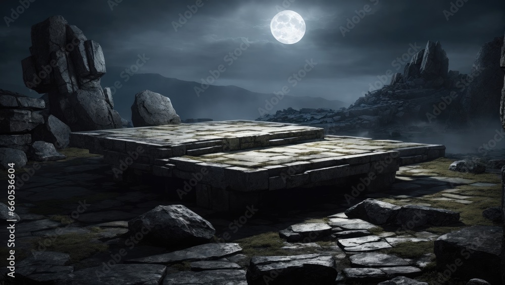 "Mystical Moonlit Battlefield: The Haunting Stone Platform" - obrazy, fototapety, plakaty 