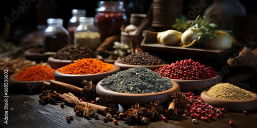 Wide banner image, colorful and delicious spices in dishes and bowls with bottles and traditional India grinding tools on a table 