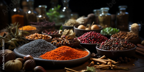 Wide banner image, colorful and delicious spices in dishes and bowls with bottles and  traditional Indian grinding tools on a table     photo