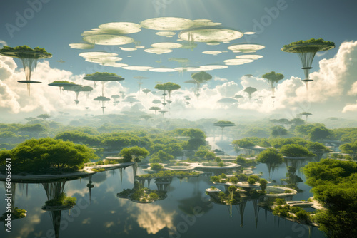 Enthralling digital creation of surreal floating islands in the sky with a stunning play of light and shadow.